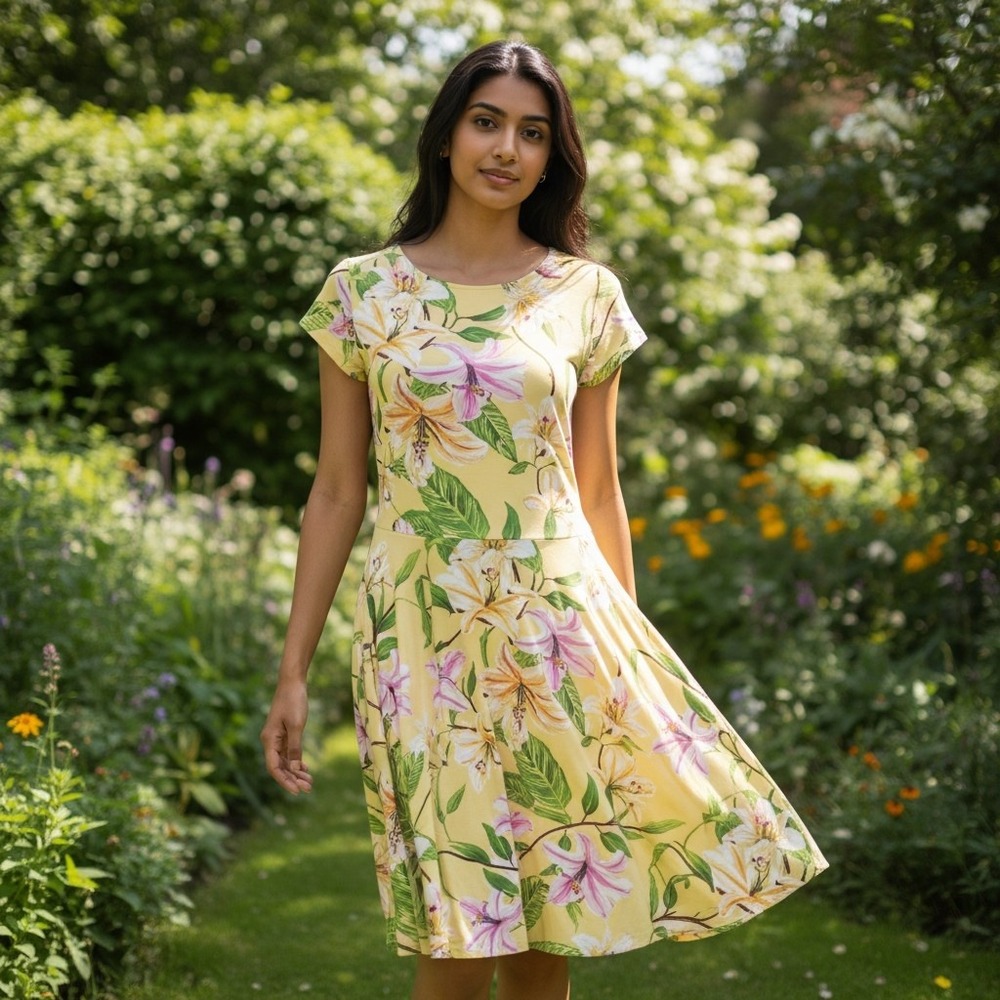 American Living Floral Dress Yellow Spring Lily Cutout Back 100% Cotton Brunch M